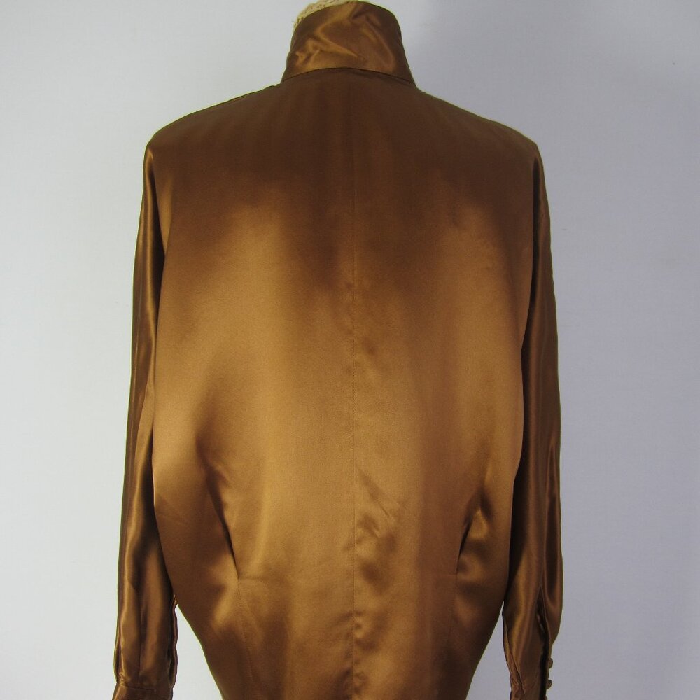Vtg Stefano Studio Women 4 Brown High Neck 100% Silk Shirt Covered Buttons S 80s - Picture 7 of 9
